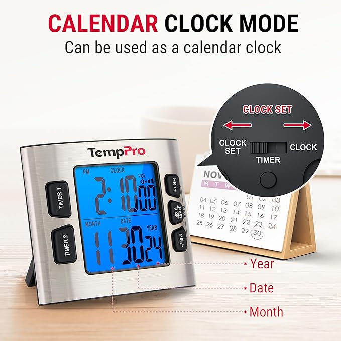 TempPro TM02 24H Digital Timer with Dual Kitchen Timers for Cooking, Magnetic Timer Clock with Adjustable Alarm Volume & LCD Backlit Display, Classroom Timer for Kids & Teachers (Previously ThermoPro)