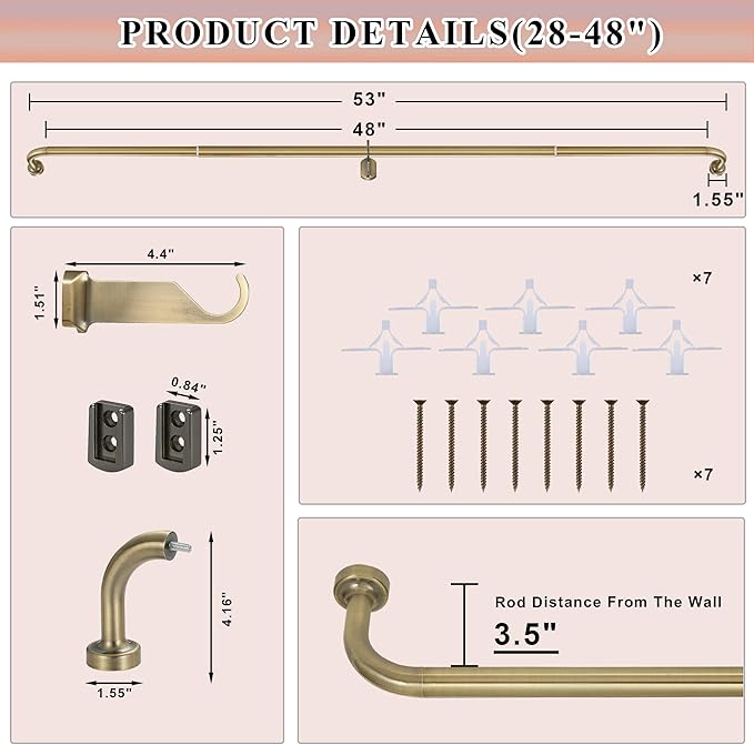 Antique Bronze Curtain Rods 2 Pack,1 Inch Disc Curtain Rods for Windows 28 to 48",Blackout Wrap Around Curtain Rod with Aluminum Finials and Brackets,No Screw Disassembly Adjustable Curved Curtain Rod