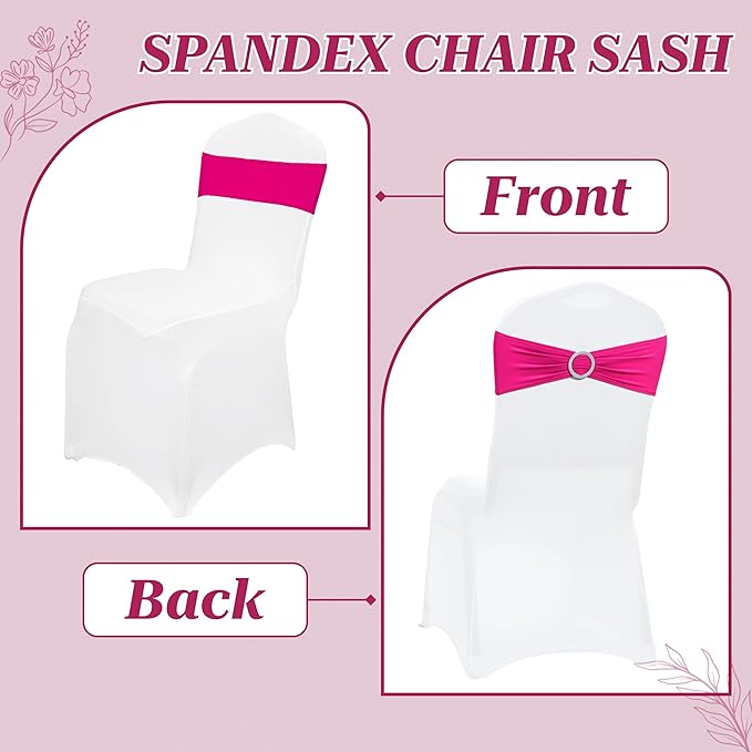 VDS - Magenta | Spandex Chair Sashes Bows | 150 PCS | Stretch Elastic Banquet Universal Folding Chair Band Tie with Silver Buckle Slider for Wedding Party Conference Celebration Event Decoration