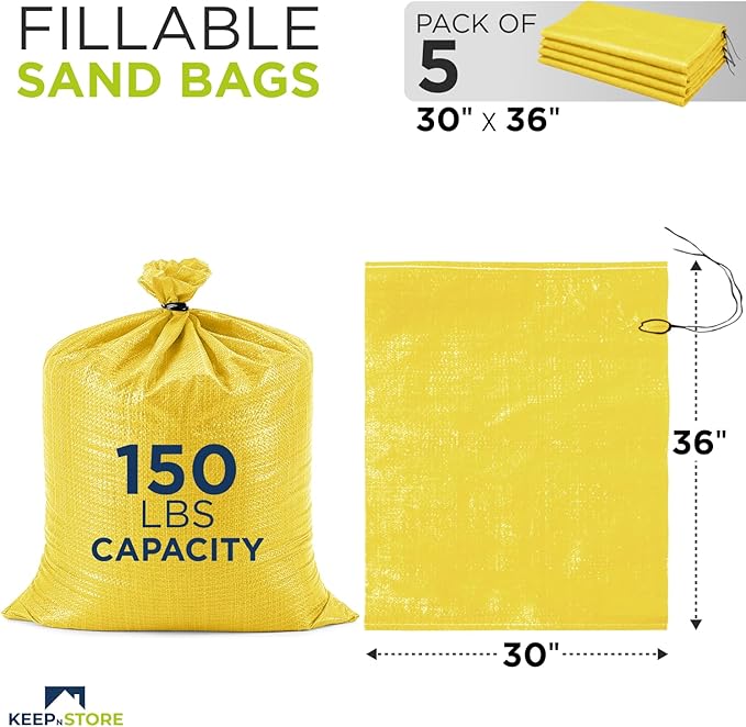 Heavy Duty Sand Bags Pack of 5, Bright Yellow Empty Sandbags with Built-In Ties, Woven Polypropylene UV Protection 1600 Hours, Fillable Bags for Flood Control, Weight, 30x36 inches, 150 Pounds Volume