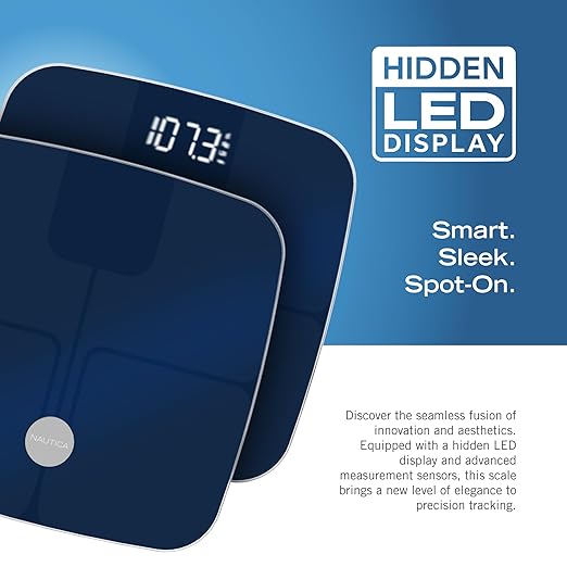 Nautica Smart Scale for Body Weight – BMI, Body Fat, Muscle Mass – 12 Metrics, Bluetooth App, ITO Technology, Hidden LED Display, 440lb Capacity – Body Tracker