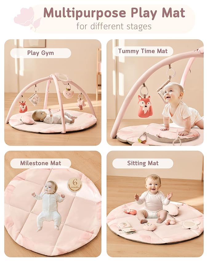 Fortella Baby Play Gym & Activity Mat, Machine Washable & Foldable Tummy Time Mat with 5 Detachable Toys, Certified Safe Newborn Essentials Gift for Baby Registry 0-12 Months (Rose Pink)