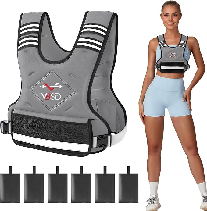 VBSD Adjustable Weighted Vest for Women Men 4-10lb/11-20lb/20-32lb Vest with 6 Ironsand Weights Body Weight Vest with Reflective Strip for Running Walking Strength Training Workouts