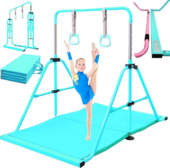 PreGymnastic Folding Gymnastics Bar with Rings, Foldable Kip Bar with Sturdier Base, Training Bar for Kids Ages 3-10, Horizontal Bar, Home Gym Equipment for Boy Girl