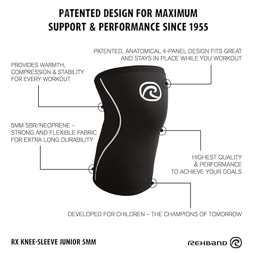 Rehband Kids Knee Sleeve made from 5mm Noprene, Knee Brace - Youth Girls & Boys Compression Knee Brace for Sports: Football, Hockey, Basketball or Running, Colour:Black, Size:Medium