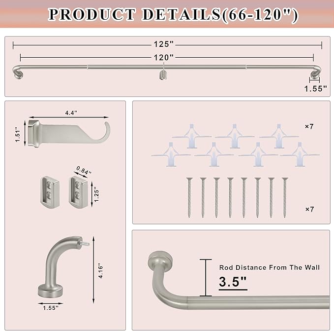 Brushed Nickel Curtain Rods for Windows 66 to 120",1 Inch Disc Wrap Around Curtain Rod with Aluminum Finials and Brackets,No Screw Disassembly Adjustable Blackout Curved Room Darkening Curtain Rod