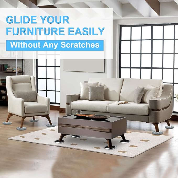 Kiss Core New Upgrade Furniture Movers Sliders, 8+8 Pack 4.3" Multi-Surface Furniture Sliders with Groove Design, 8PCS Moving Pads and 8 Hardwood Socks, Protect Floor and Easily Move Furniture