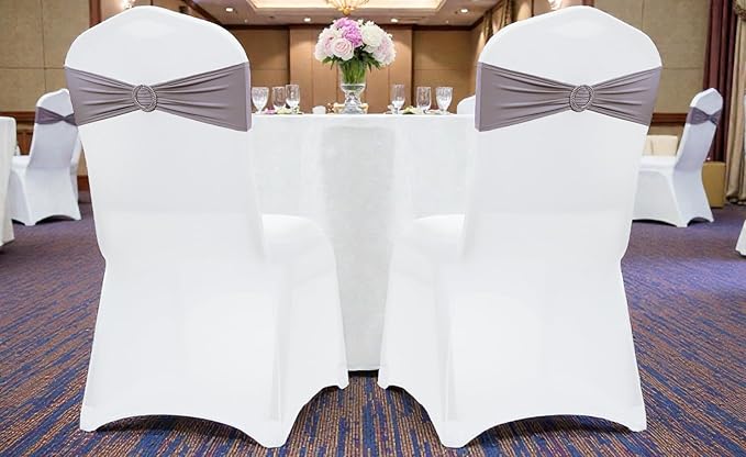 MDS Pack of 50 Spandex Chair Sashes Bow Premium Stretch Chair Cover Band with Buckle Slider Universal fits Elastic Dining Chair Ties for Wedding Party Banquet Events Decoration - Silver Gray