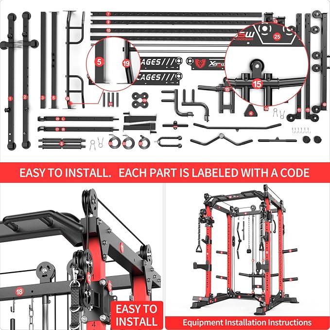 Multi-Purpose Squat Rack,Smith Machine Weight Rack Set with Cable Crossover System, Home Gym Power Racks, Power Racks and Packages