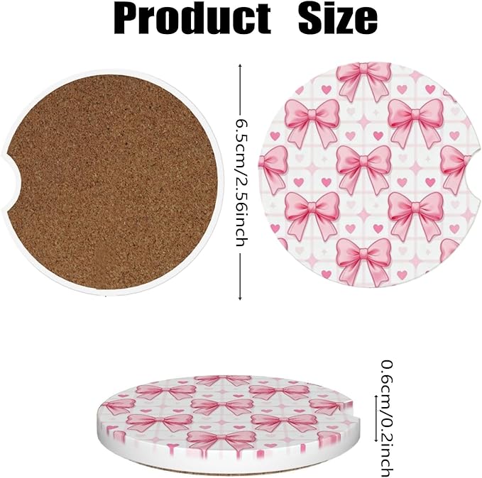Car Cup Holder Coasters, 2 Pcs Ceramic Coasters with Finger Slot and Cork Back, Anti-Slip Shock Absorbing Women and Men Universal Car Accessories - Checkered Bowknot