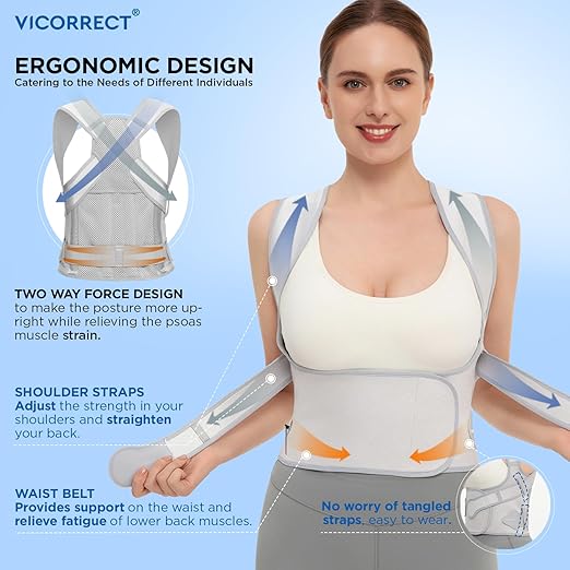 Vicorrect Posture Corrector for Women and Men: Back Support Brace Relieve Upper Back Shoulders Pain (Gray, Medium)