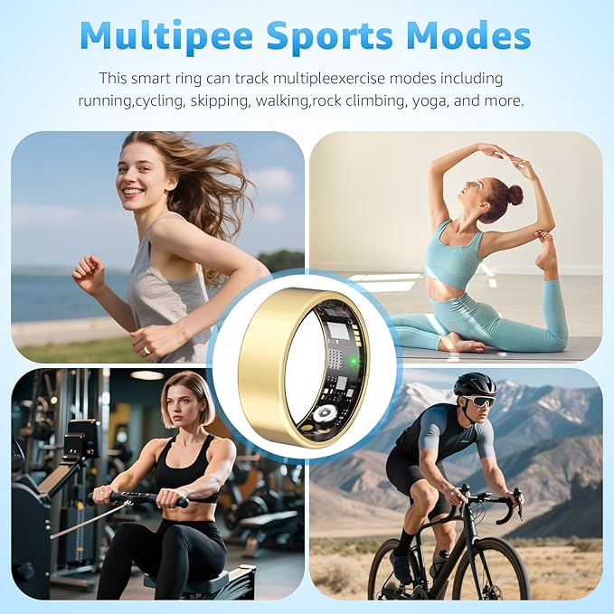 Smart Ring Health Tracker for Women & Men, Fitness Ring with Heart Rate Blood Oxygen, Sleep Monitor, Step Tracker, IP68 Waterproof Compatible with iOS & Android, No Subscription Fee (Gold, 13)
