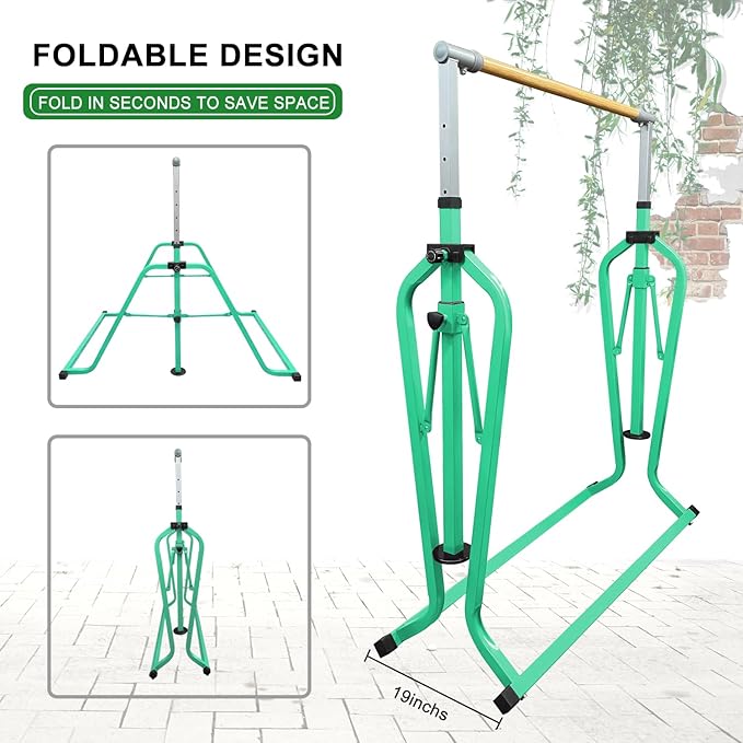 Foldable & Moveable Gymnastics Horizontal Bar with Rings,3’to 5’Adjustable Height Expandable Junior Kip Bar for Home,Indoor Gym Equipment for Kids