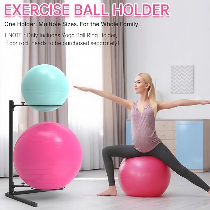 26" Exercise Ball Holder Wall Mount - Adjustable Yoga Ball Storage Rack for 14 to 30 Inch Stability Balls, Heavy-Duty Metal Balance Ball Wall Mount with 12-Inch Diameter Ring