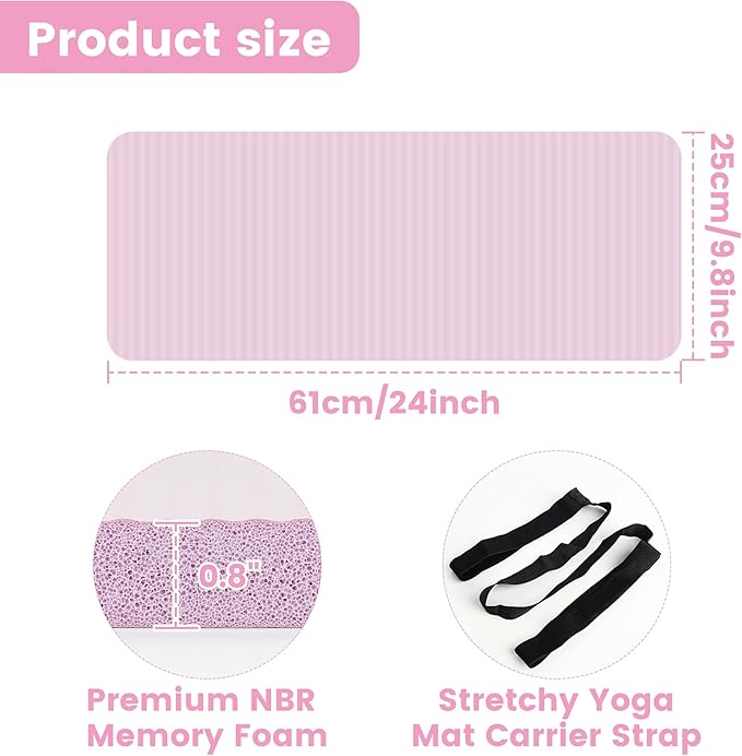 Yoga Knee Pad Cushion 0.8inch (20mm) Thick Yoga Mat with Carrier Strap for Pain Free Knees, Elbows, Wrists and Back, Workout Mats for Home Gym, Pilates, Planks, Ab Rollers (24"x10"x0.8")
