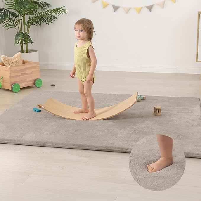 Baby Play Mat for Floor,Extra Large 79"×118" Tummy Time Mat,Thicker Memory Foam Mats for Toddler,Infant,Kids,Water Repellent Ultra Soft Coral Velvet,Non-Slip Backing Safe for Crawling(Beige)