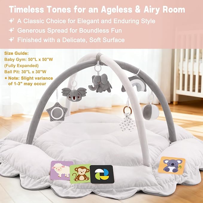 5-in-1 Baby Activity Gym & Play Mat with 6 Hanging Toys, Tummy Time Mat & Cards - Extra Large, Reversible Machine Washable Pad - Gift for Newborns, Infants 0-12 Months, Grey