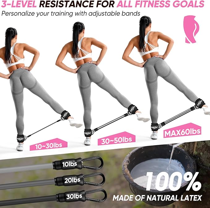 Ankle Resistance Bands with Cuffs, Workout Sets for Women, Resistance Bands for Working Out, Exercise Band for Leg Booty, Home Gym Workout Equipment, Ankle Weights Fitness Band Set