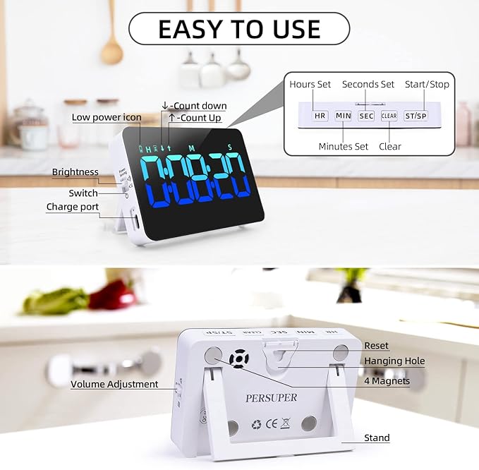 PERSUPER Kitchen Digital Timer, Count Down Up, Rechargeable, Vibration Mode Adjustable Volume and Brightness LED Display, Time Management Cook, Desk, Kids Adults Study Teaching, Kitchen Gadgets Blue
