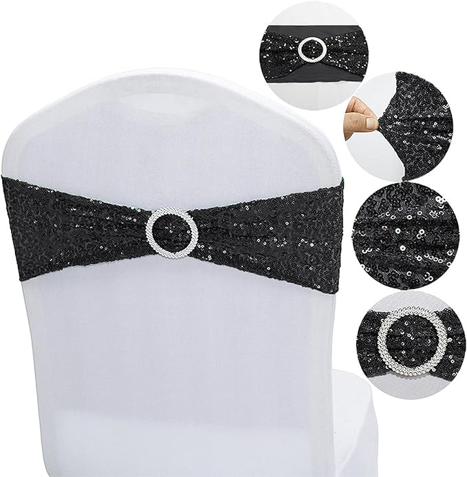 Dimatic 50 PCS Stretch Sequin Chair Sashes Chair Stretchy Spandex Bands for Wedding Reception Events Banquets Chairs Decoration (Black)