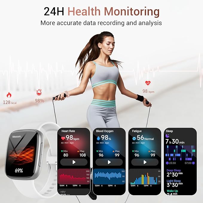 Tensky Smart Watch for Men/Women iPhone & Android, 1.85" AMOLED Screen Fitness Tracker with Bluetooth Call, 3ATM Waterproof 24/7 Heart Rate/Sleep/SpO2 Monitor, Pedometer, 100+ Sport Modes, White