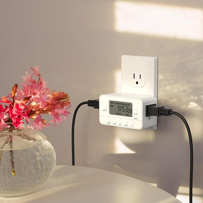 BN-LINK 7-Day Heavy Duty Digital Timer with Dual Outlet, LCD Display, 3-Prong Programmable Design, for Lights, Fans, Coffee Machine, Home, Office, Indoor Use, 125V 15A 1875W, 2 Pack