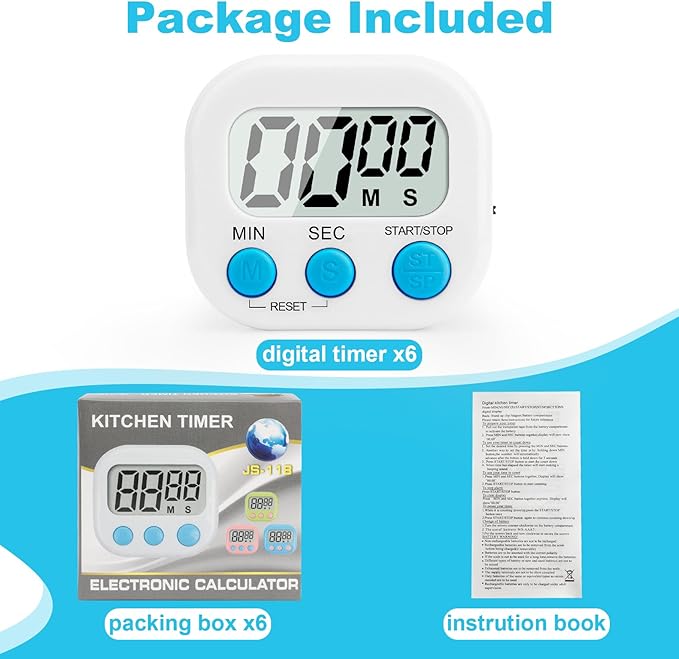 6 Pack Digital Kitchen Timer Multi-Function Magnetic Timers Classroom Timer for Kids Loud Alarm Big LCD Display Electronic Timers for Cooking, Classroom, Exercise, Meeting(Blue, Green, Pink, White)