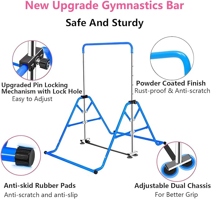 Gymnastics Horizontal Bar, Junior Training Kip Bar Gymnastics Equipment for Home, Adjustable Telescopic Height Folding Horizontal Bar with Gymnastic Rings for 3-12 Years Old Kids