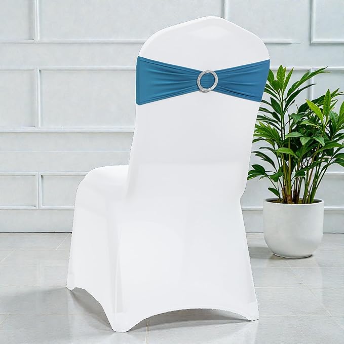 VDS - Dark Teal | Spandex Chair Sashes Bows | 100 PCS | Stretch Elastic Banquet Universal Folding Chair Band Tie with Silver Buckle Slider for Wedding Party Conference Celebration Event Decoration