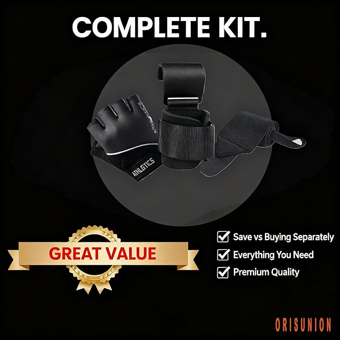 3 in 1 Weight Lifting Gloves with Deadlift Hooks & Wrist Wraps, Available M/L Sizes, Breathable Non Slip Gym Gloves for Men Women, Adjustable Wrist Support for Powerlifting Deadlifts