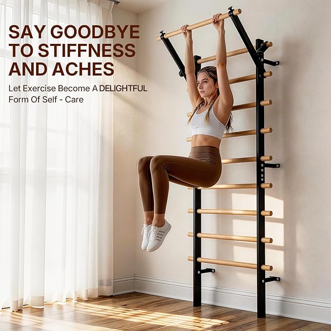 GMWD Swedish Ladder, Stall Bar, Suspension Trainer with Pull-Up Bar and Dip Bar Attachments, Wooden Stall Bar with 9 Strategic Rods for Core Strengthening and Stretching Balanced for Body Exercises