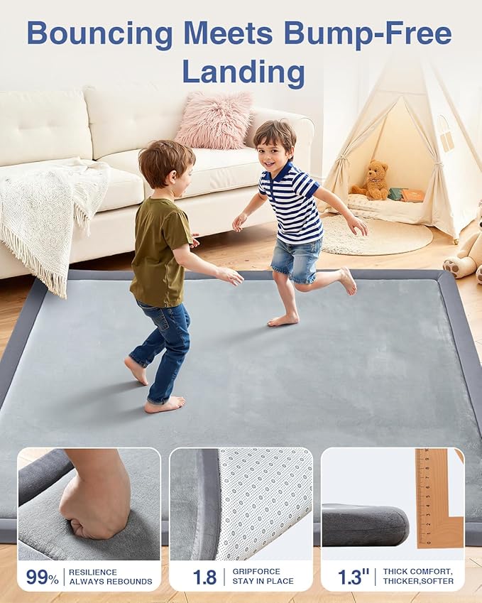Baby Play Mat for Floor,1.3" Thick 50x50 Playpen Mat,Tummy Time Foam Mats,Plush Soft Padded Playmate for Babies 6-12 Months Crawling,Non-Slip Nursery Rug for Toddler Kids Playroom(Grey)