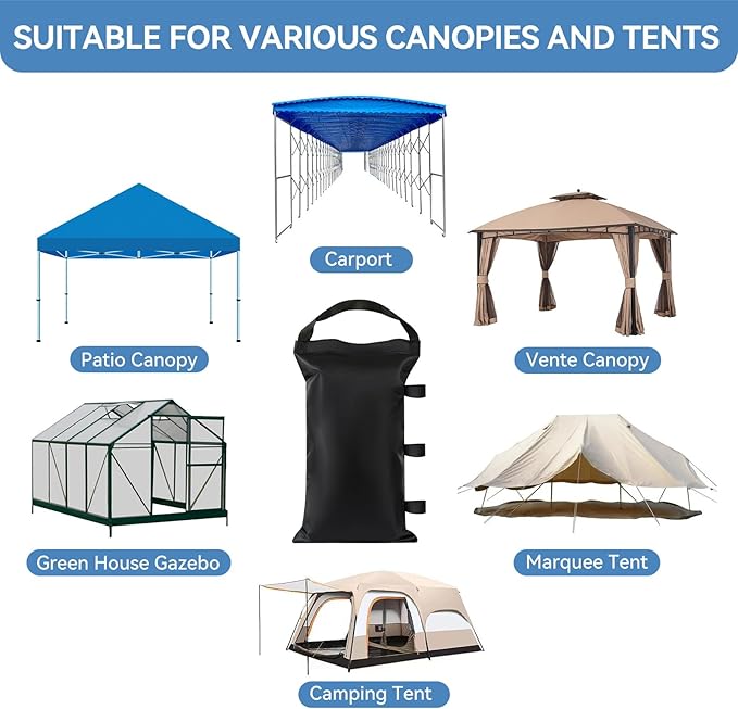 Sand Bags for Canopy Legs Empty Sandbags for Weight, Canopy Tent Weights Set of 4 Heavy Duty 1680D Pop Up Tent Weights Bags (Black, 150LBS)