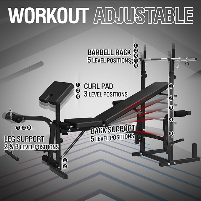 Mikolo 8 in 1 Olympic Weight Bench Set with Leg Extension and Leg Curl, Multi-Function Bench Press Set with Preacher Curl Pad and Chest Fly, Full-Body Strength Training Equipment
