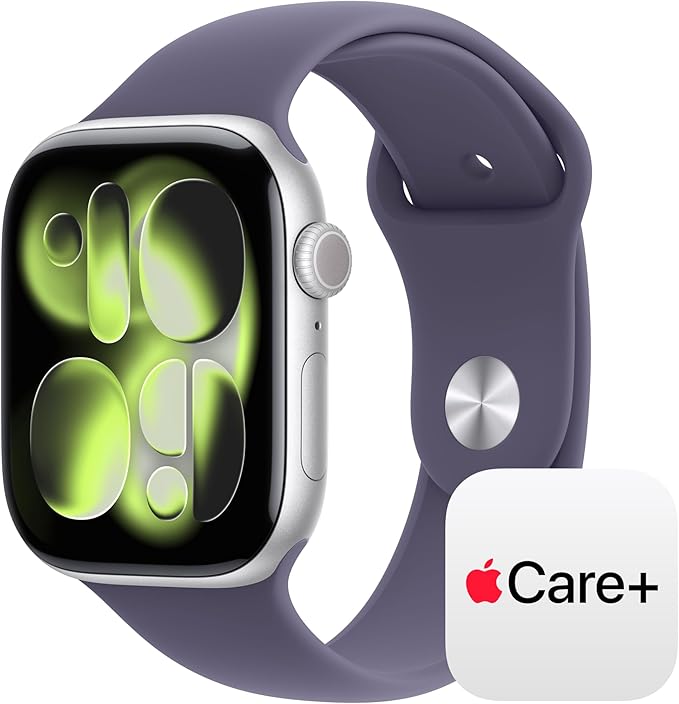 Apple Watch Series 11 [GPS 46mm] Smartwatch with Silver Aluminium Case with Purple Fog Sport Band - M/L. Sleep Score, Fitness Tracker, Health Monitoring with AppleCare+ (2 Years)