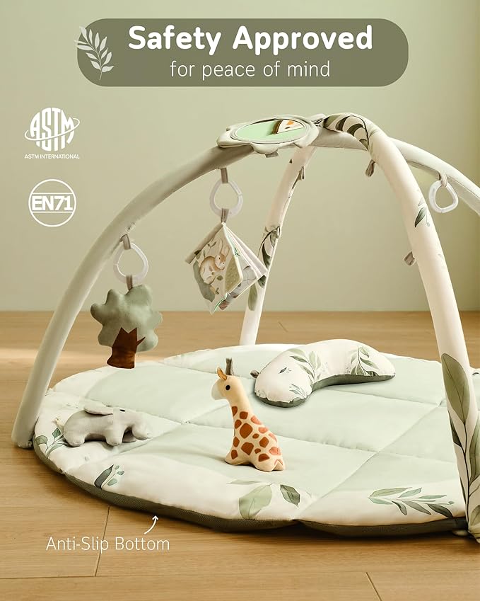 Fortella Baby Play Gym & Activity Mat, Machine Washable & Foldable Tummy Time Mat with 5 Detachable Toys, Certified Safe Newborn Essentials Gift for Baby Registry 0-12 Months (Sage Green)
