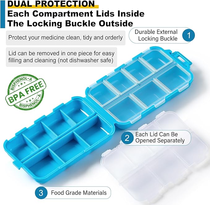 14 Grids Travel Pill Organizer Box with 415-Pcs Medicine Name Labels - Pocket Daily Pharmacy Case Container Kit - Travel Medication Holder Dispenser for Fish Oil Vitamin Supplement Storage - Blue