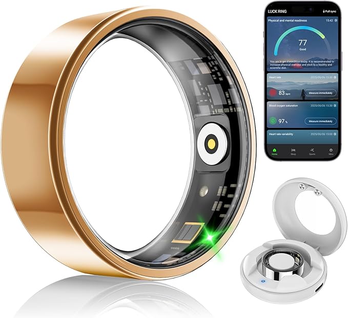 Smart Fitness and Activity Ring for Men and Women - Track Heart Rate Stress Sleep Steps and Blood Oxygen, 10ATM Waterproof Fitness Tracker for iPhone and Android, No Subscription Fee, Size 7