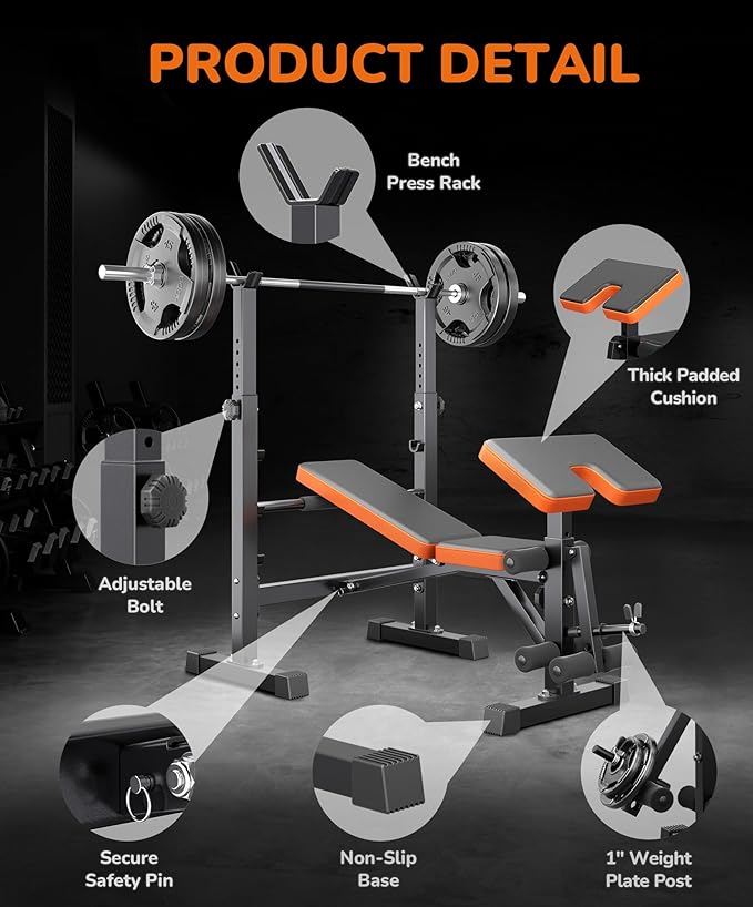 Multi-Function 6 in 1 Weight Bench Set - Leg Press, Preacher Curl Rack, Adjustable Workout Bench & Squat Rack for Full Body Exercise, Fitness Strength Training for Home Gym