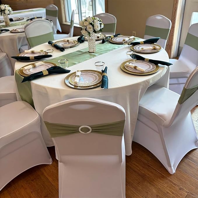 Pack of 50 Spandex Sage Green Chair Sashes Bows Elastic Chair Cover Bands Slider Buckles for Wedding Reception Banquet Bridal Decorations - Sage Green