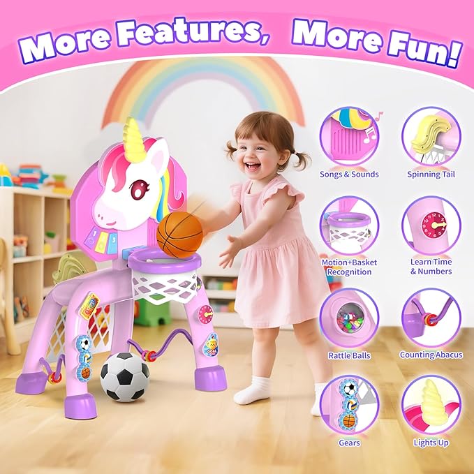 Toddler Basketball Hoop & Soccer Goal， Baby Toy for 1 2 3 Year Old Girls, Kids Activity Center Toys with Light & Music,Unicorn Toys for Girls 12-18-36 Months, Christmas Birthday Gifts for Ages 1-3