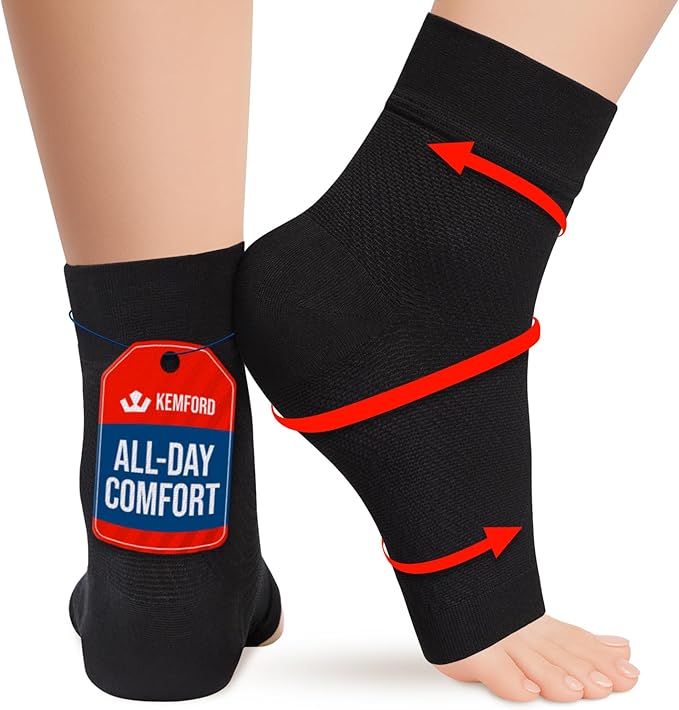 KEMFORD Ankle Compression Sleeve - 1-Pair, Plantar Fasciitis Braces - Open Toe Compression Socks for Swelling, Sprain, Neuropathy, Arch Support for Men and Women