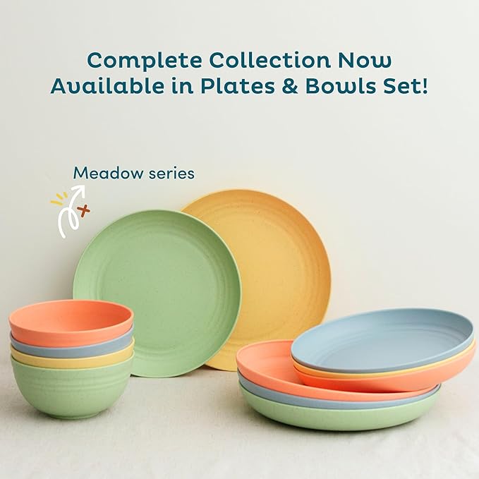 Nook Theory 8-Pack Reusable Wheat Straw Plates Set - Non Toxic and Non Plastic Dinner Plates for Kids and Adults, Lightweight Unbreakable Plate, Microwave Safe and Dishwasher Safe (Meadow 10")