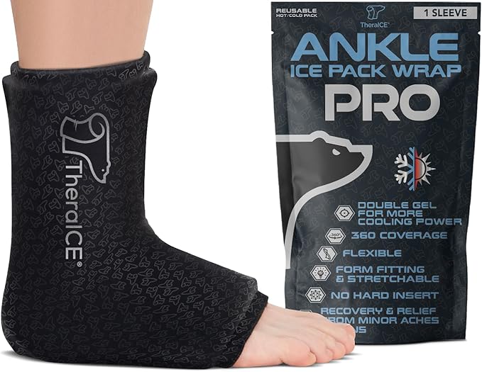 TheraICE Ankle Ice Pack Wrap for Swelling, Sprained Ankle Brace for Women Men, Cold Foot Heel Spur Support Compression Socks, Plantar Fasciitis Achilles Tendonitis Pain Relief FocusZone Extra Cooling