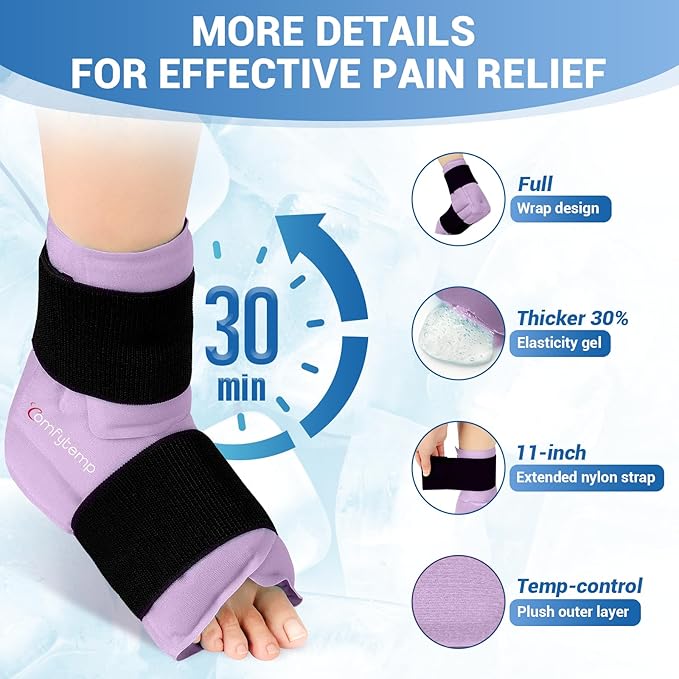 Comfytemp Ankle Foot Ice Pack Wrap for Plantar Fasciitis Relief, Ankles Brace for Sprain, Heel Spur, Swelling, Achilles Tendonitis, Cold Bag for Injuries Reusable, Hot Cold Compress, 1 Pack (Purple)