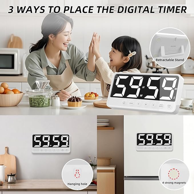Extra-Large Display Digital Kitchen Timer with 7.4” LED Screen, 6 Alarms & 4 Volume Levels, 3 Memory Presets, Magnetic Stand Rechargeable Count Down/Up Timer for Cooking Home Gym, White