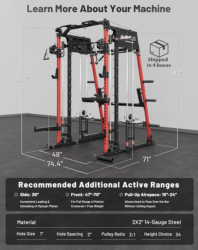 Mikolo M4 2.0 Smith Machine, 2200lbs Squat Rack with LAT-Pull Down System & Cable Crossover Machine, Training Equipment with Leg Hold-Down Attachment
