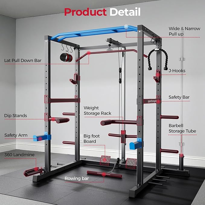 Sportsroyals Squat Rack, LAT Power Cage, Power Rack Multi-Function with Pulley System and Training Attachments for Home Gym