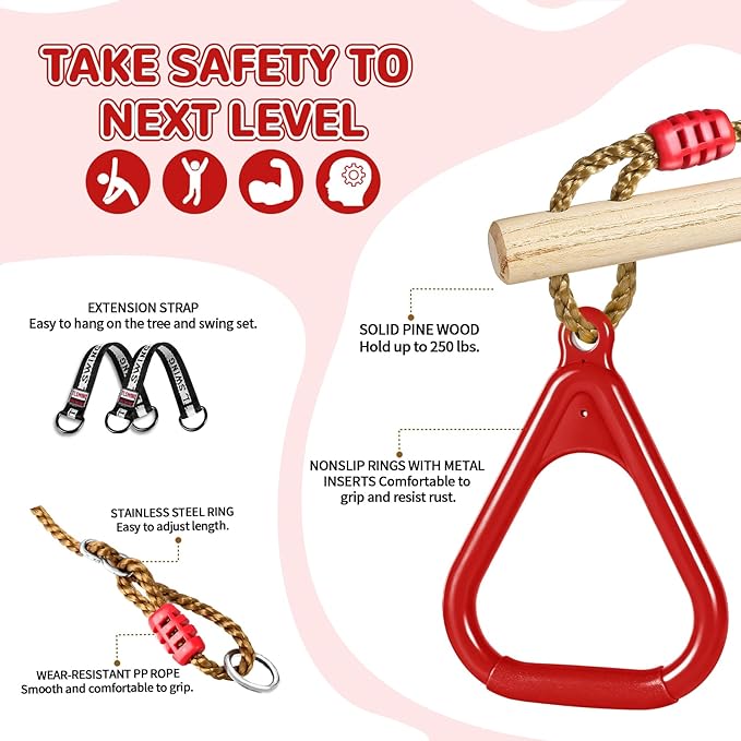 LadyRosian Wooden Trapeze Swing Bar, Adjustable Height Swing Set, Gym Rings, Playground Attachments, 16.5" Monkey Bar for Backyard, Playground, Playroom (Red)