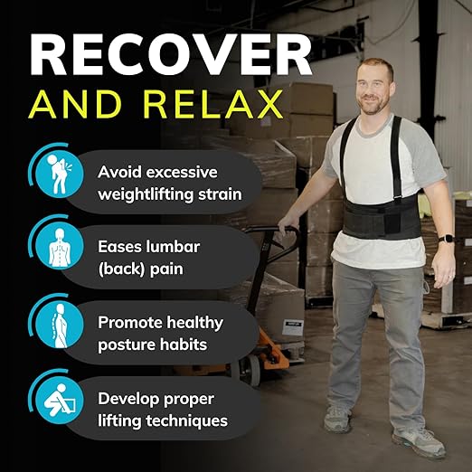 BraceAbility Work Back Brace - Removable Suspender Shoulder Straps for Heavy Lifting Safety - Industrial Lower Back Pain Protection Belt for Men and Women in Construction, Mover, Warehouse Jobs (2XL)